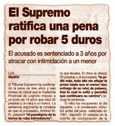 El Supremo ratifica una pena por robar 5 duros.