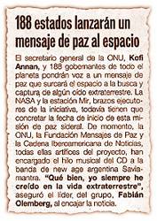 188 estados lanzar�n un mensaje de paz al espacio.