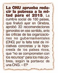 La ONU aprueba reducir la pobreza a la mitad para el 2015.