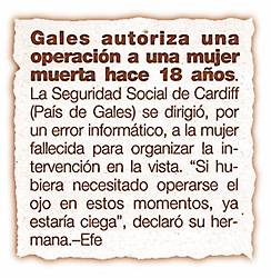 Gales autoriza una operaci�n a una mujer muerta hace 18 a�os.