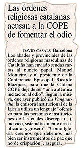Las rdenes religiosas catalanas acusan a la COPE de fomentar el odio.