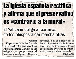 La Iglesia española rectifica y afirma que el preservativo es "contrario a la moral"