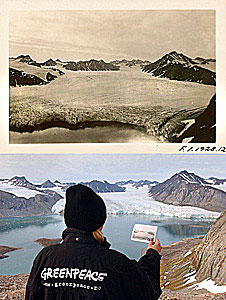 Comparando una vista antigua con una imagen actual, se aprecia el retroceso de los glaciares. Noruega.